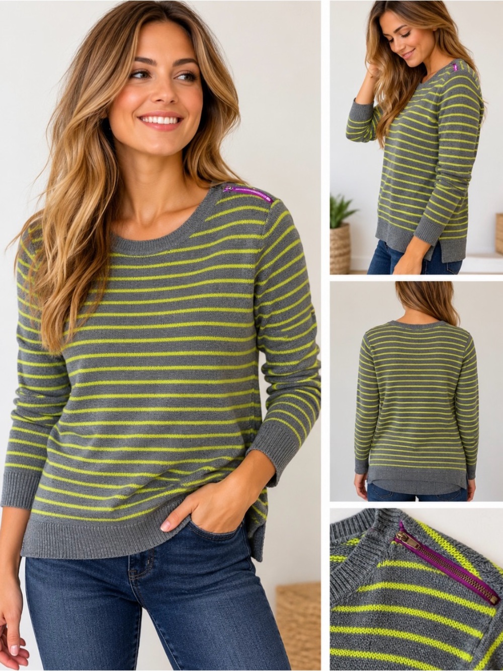 American Eagle Outfitters Gray Neon Yellow Striped Knit Sweater S Preppy